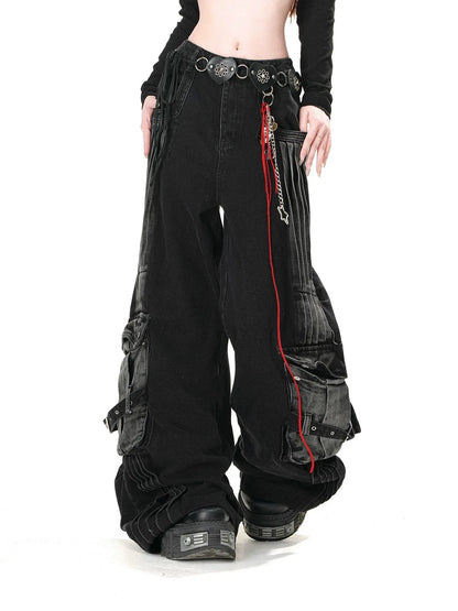 Women's Black Gothic Jeans Cargo Baggy Y2K Harajuku Fashion Streetwear 2000s Style Aesthetic Casual Retro Denim Pants Clothing