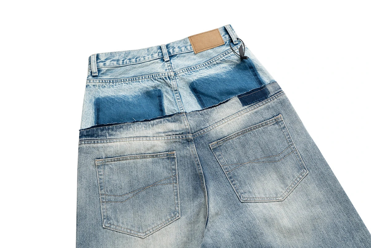 CUT-UP Double-layer Double Waist Patchwork Baggy Jeans for Men and Women Straight Casual Loose