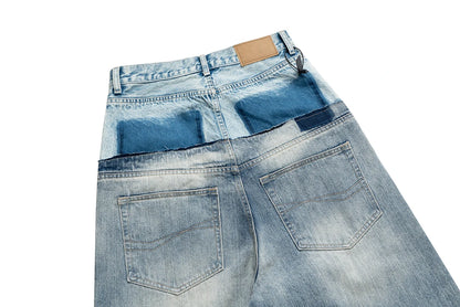 CUT-UP Double-layer Double Waist Patchwork Baggy Jeans for Men and Women Straight Casual Loose