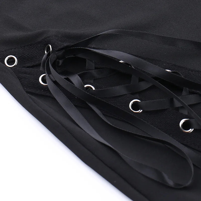 Dark Black Punk Flared Pants Long Trouser Women Lace Up Front Hollow Cut Out Bell Bottom Tied Up High Waist