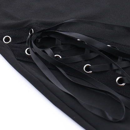 Dark Black Punk Flared Pants Long Trouser Women Lace Up Front Hollow Cut Out Bell Bottom Tied Up High Waist