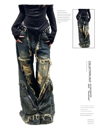 Women's Blue Cargo Ripped Pants Baggy Streetwear Aesthetic Harajuku Japanese 2000s Style Y2k Emo Pants Vintage Trousers Clothes