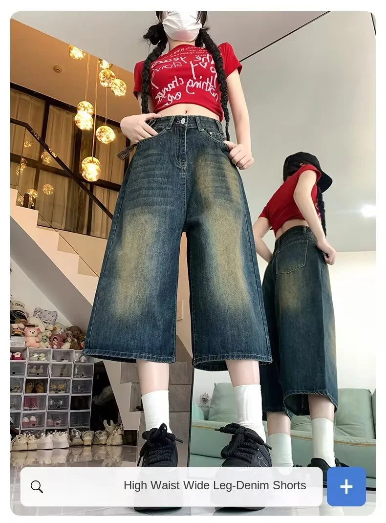 American Retro Old Seven-point Denim Shorts for Women Summer New High Waist Straight Wide-leg Casual Mid-leg Hot Pants Alo Skirt