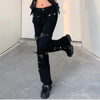 Gothic Metal Button Bandage Trousers Wide Straight Leg Black Punk Cargo Jean Baggy Pants