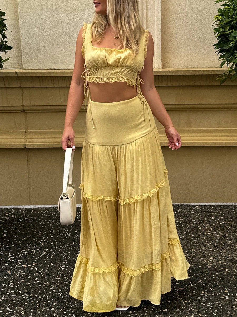 Summer 2Pcs Outfits Lace Trim Sleeveless U-Neck Tank Tops with Long Skirt Set Yellow / M / United States Yellow / S / United States WHITE / S / United States Yellow / M / United States-Yellow / S / United States-WHITE / S / United States-Yellow / L / United States-WHITE / L / United States-WHITE / M / United States-