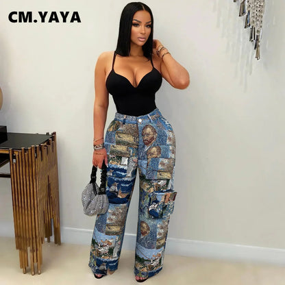 3D Print Wide Leg Cargo Active Hip Hop Straight Sweatpants Trousers