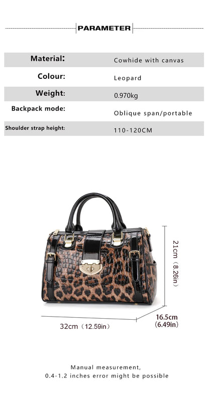 Leopard Handbag Leather Women's Bag Large Capacity Boston Bag Fashion Versatile Cowhide One Shoulder Crossbody Bag