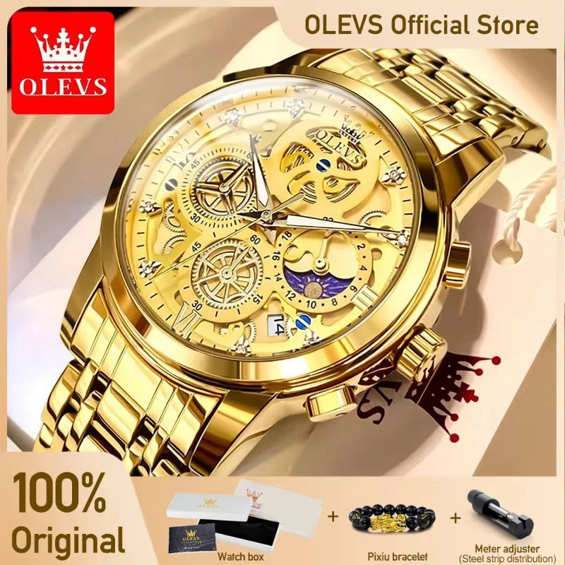 Top Brand Luxury Original Waterproof Quartz Watch for Man Gold Skeleton Style 24 Hour Day Night New
