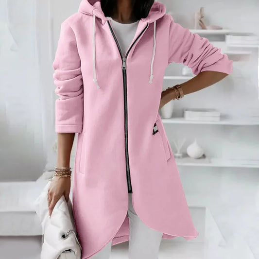 Autumn Women Long Hoodies Coat Zip Up Solid Hooded Casual Pockets Long Jackets