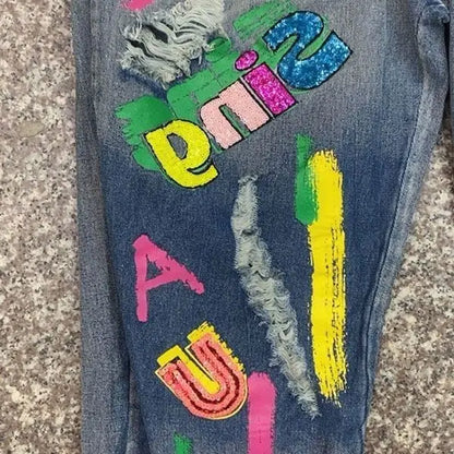 Sequin Letter Elastic Waist Jeans High Waist Denim Graffiti Print Harem Pants as photo / M as photo / L as photo / XL as photo / M-as photo / L-as photo / XL-