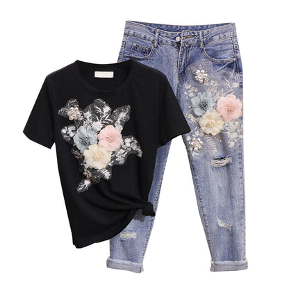 Women Two Piece Outfits 3D Flower Embroidery T Shirt Cropped Ripped Jeans