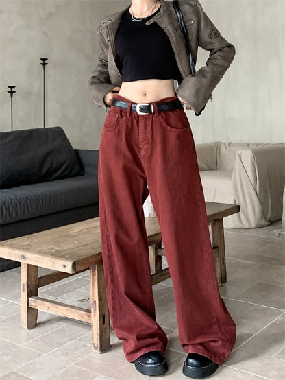 Women Red Jeans Harajuku Y2k Aesthetic Streetwear Baggy Denim Trousers Korean Loose Jean Pants 90s Vintage 2000s Trashy Clothes