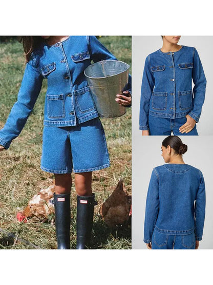 Ladies Classic Blue Denim Jacket with Round Neckline Long Sleeves and  Fit Button Down
