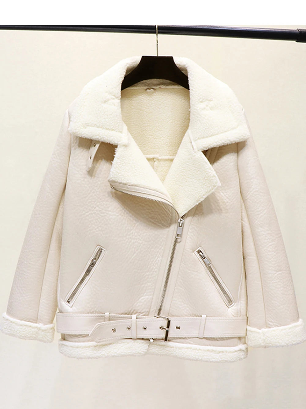 Thick and warm faux leather jacket Coat women's beige long-sleeved belt jacket women 2025 winter fashion new streetwear Tops