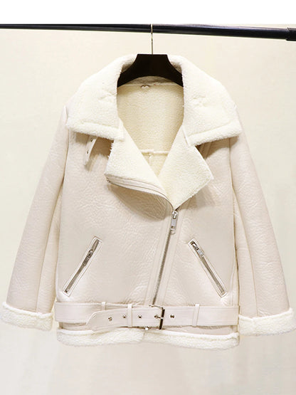 Thick and warm faux leather jacket Coat women's beige long-sleeved belt jacket women 2025 winter fashion new streetwear Tops