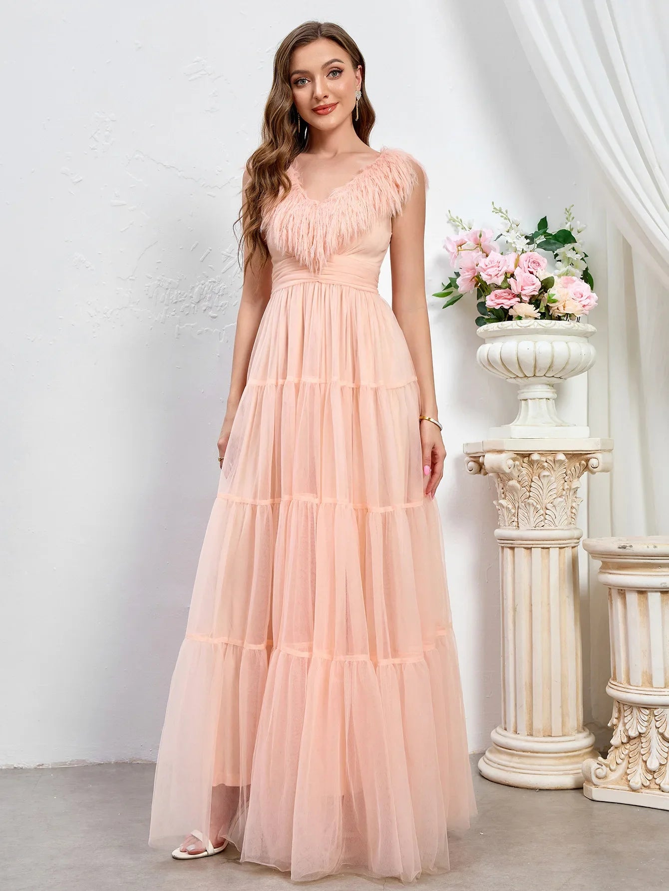 Elegant Wedding Dress Puffy Feather Sleeve Prom Dress Dusty Pink Ruched Backless Long Bridesmaids Gowns