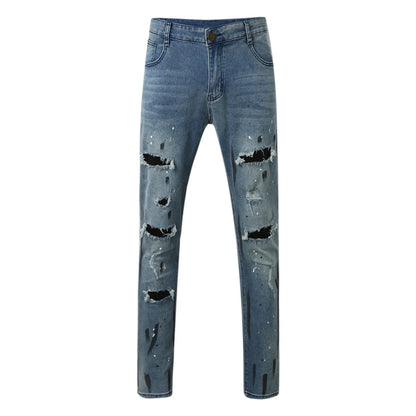 Slim Jeans Men's Paint Ripped Stitching Skinny Denim Casual Hollow Out Zipper