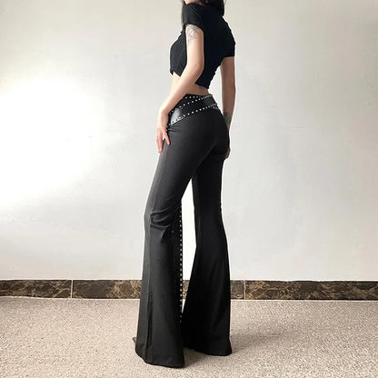 Punk Grunge Hoge Taille Flare Broek Effen Alt Streetwear Vrouwen Mall Gothic Casual Broek Met Kunstleer Riemen Slank
