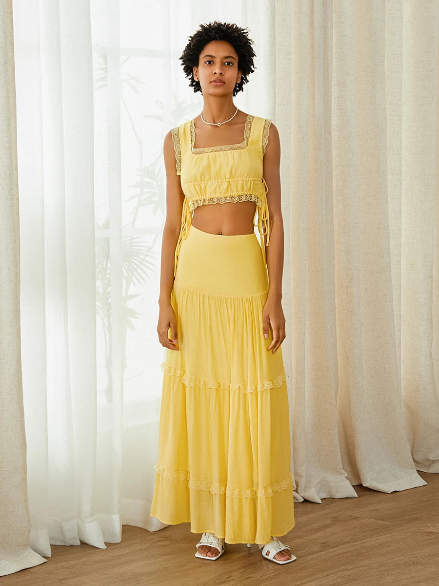 Summer 2Pcs Outfits Lace Trim Sleeveless U-Neck Tank Tops with Long Skirt Set Yellow / M / United States Yellow / S / United States WHITE / S / United States Yellow / M / United States-Yellow / S / United States-WHITE / S / United States-Yellow / L / United States-WHITE / L / United States-WHITE / M / United States-