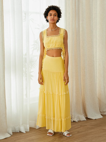 Summer 2Pcs Outfits Lace Trim Sleeveless U-Neck Tank Tops with Long Skirt Set Yellow / M / United States Yellow / S / United States WHITE / S / United States Yellow / M / United States-Yellow / S / United States-WHITE / S / United States-Yellow / L / United States-WHITE / L / United States-WHITE / M / United States-