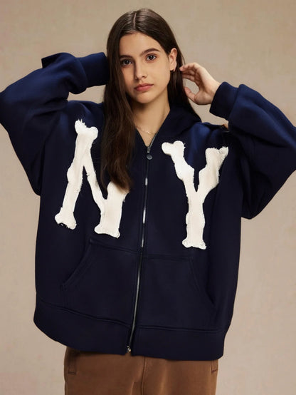 Men Letter Embroidery Hoodies Gothic Graphic Sweatshirt Overszie Y2K Hip Hop Streetwear with Zip Up