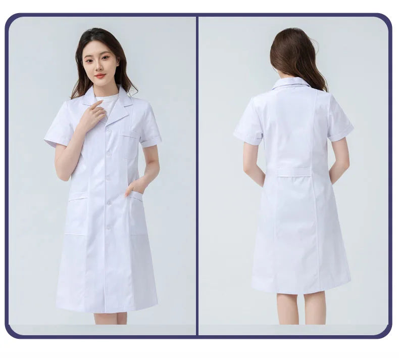 Hospital Clinical Uniforms Scrubs Lab Coat Pharmacy Short Sleeve Nurse Doctor Dress Medical Robe Women White Coat