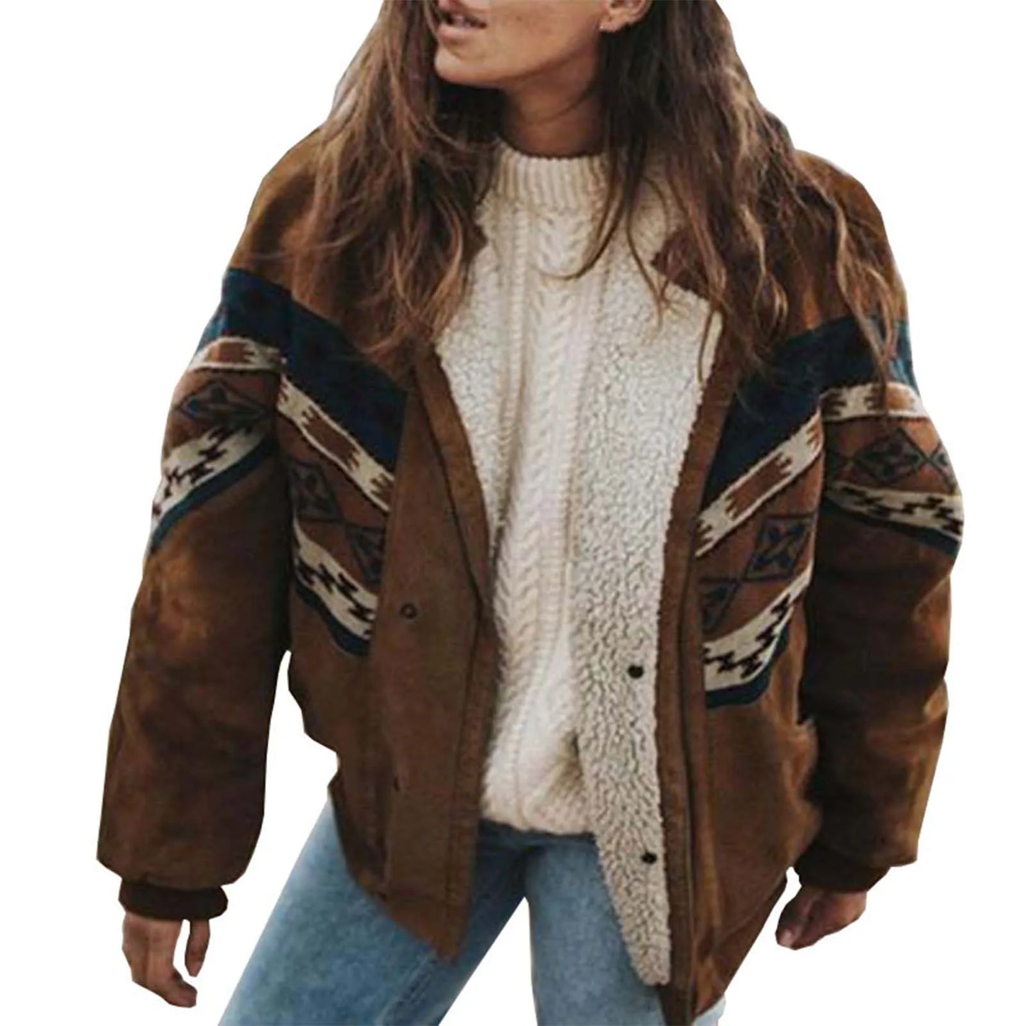 Women's Casual Quilted Jacket Vintage Brown Printing Fashion Long Sleeve Cotton Wadded Coat