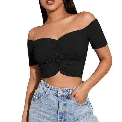 Off Shoulder Pleated Shirt Crop Tops Casual Black T-shirt V Neck