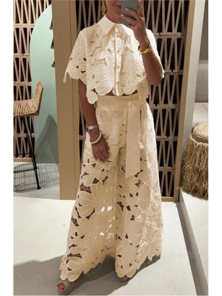 Lapel Single-breasted Shirt Top + Wide-leg Pants 2-piece Set Women Casual Hollow Suit