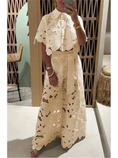Lapel Single-breasted Shirt Top + Wide-leg Pants 2-piece Set Women Casual Hollow Suit
