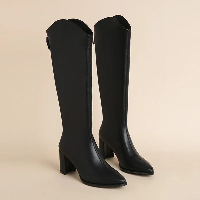 Zipper Thick High Heels Simple Thick High Heels Autumn Winter Boots Knee High