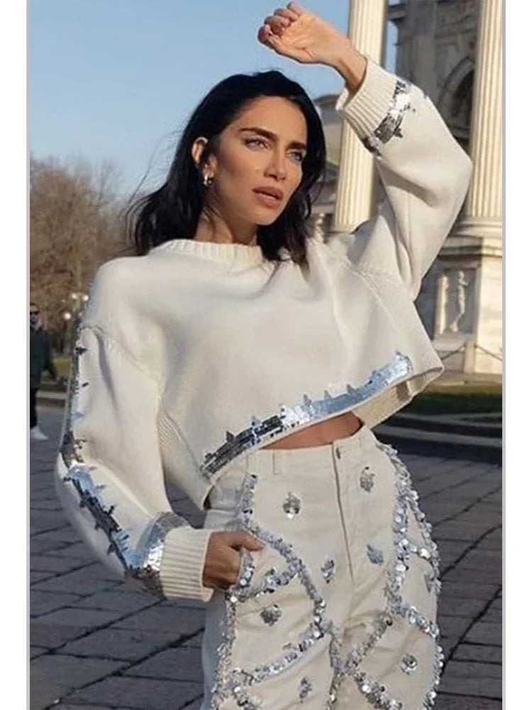 Sequin Decor Straight Leg Denim Jeans High Wait Elegant Casual Pockets Diamond Denim White / L White / XL White / XXL White / L-White / XL-White / XXL-White / XXXL-White / S-White / M-