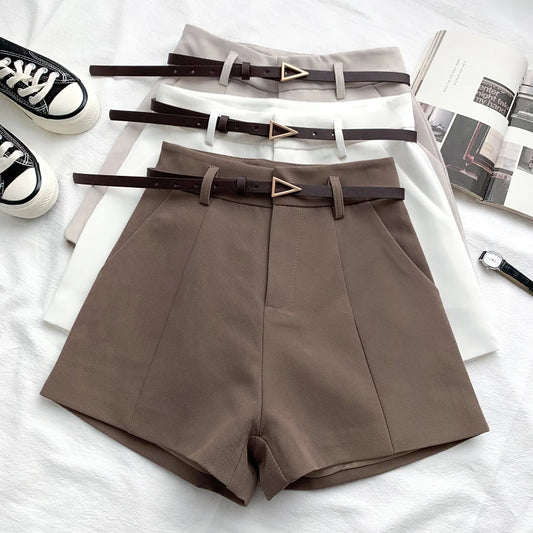 Casual Women's Shorts A-line High Waist Short Chic Office Lady Shorts With Belted