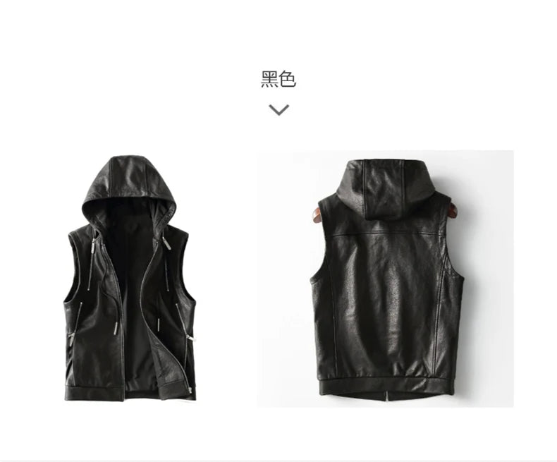 Mauroicardi Spring Autumn Luxury Elegant Cool Black Pu Leather Vest for Men with Hood Zipper Sleeveless Jacket Men Clothing 2023