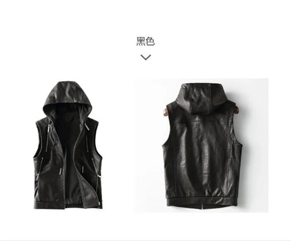 Mauroicardi Spring Autumn Luxury Elegant Cool Black Pu Leather Vest for Men with Hood Zipper Sleeveless Jacket Men Clothing 2023