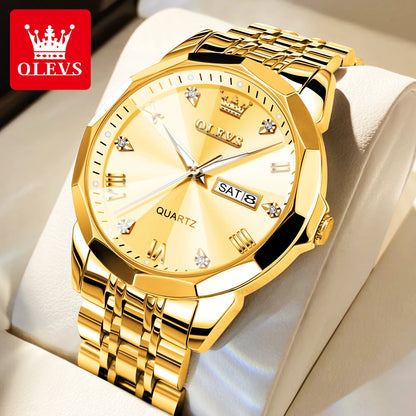 Gold Original Quartz Wristwatch Waterproof Luminous Watch for Male Rhombus Mirror Date Week