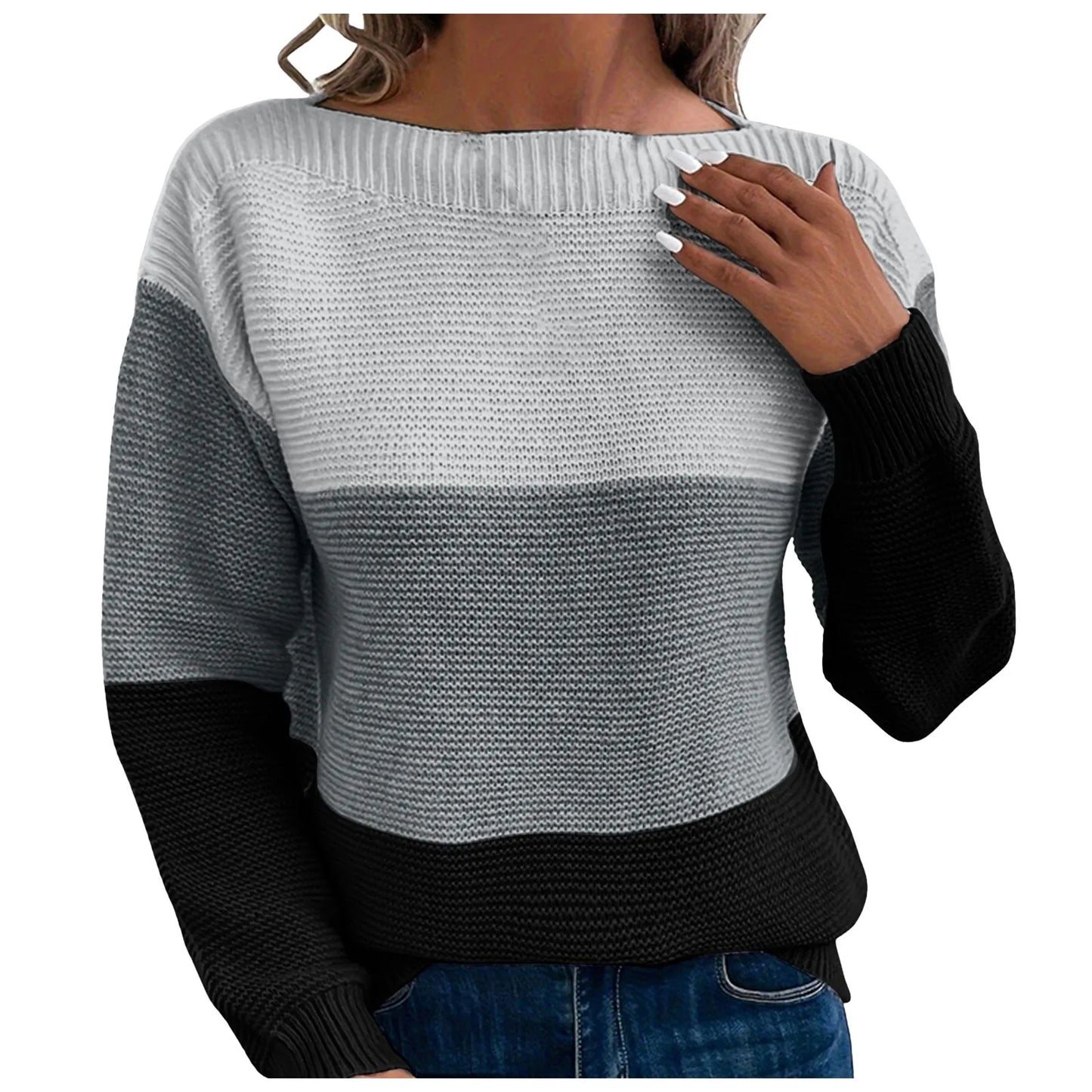 Dressy Sweater For Women Patchwork Color Block Long Sleeve Bateau Neck Elegant Pullover