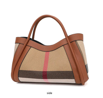 checkered women's handbag, large capacity luxury bag, canvas genuine leather bag