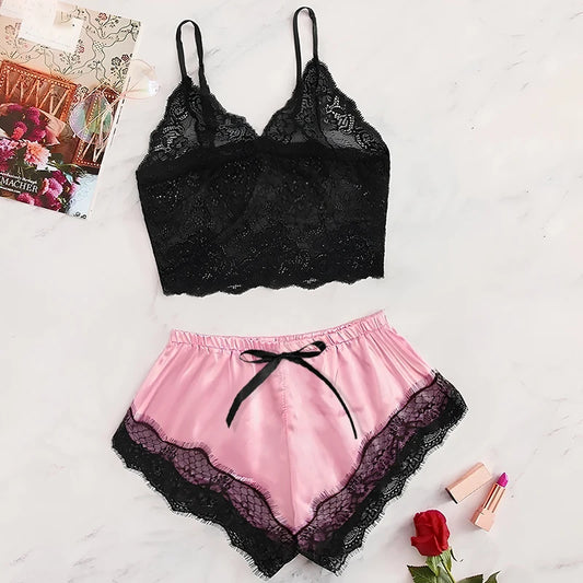 2 Pcs Women's New Sexy Lace See-Through Pajamas Black Pink Cute Clothes Comfortable Breathable Suspender Shorts Set