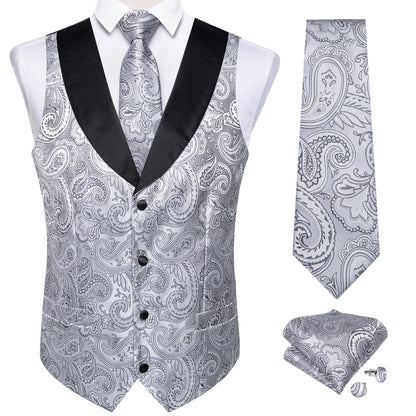 Men's Paisley Silk Suit Vest with Macthing Golden Paisley Neck Tie Handkerchief Cufflinks Wedding Prom Tuxedo Waistcoat