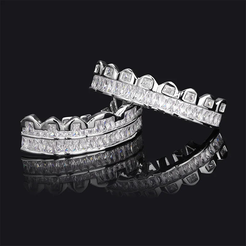 Baguette Teeth Grillz Set For Unisex Top Bottom Iced Out Cubic Zircon Stone Brass Material Hip Hop