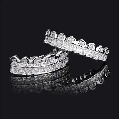 Baguette Teeth Grillz Set For Unisex Top Bottom Iced Out Cubic Zircon Stone Brass Material Hip Hop