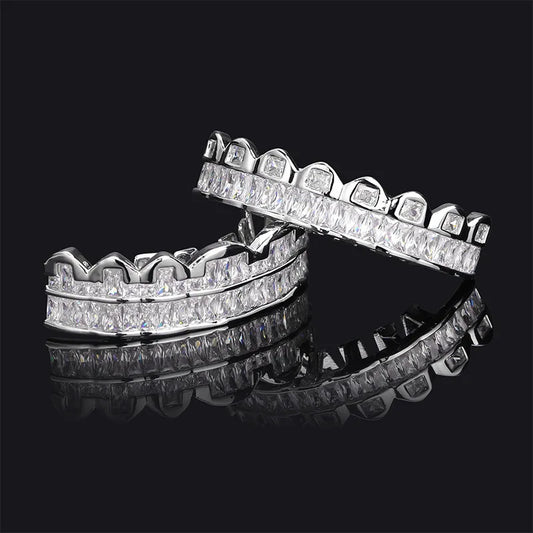Baguette Teeth Grillz Set For Unisex Top Bottom Iced Out Cubic Zircon Stone Brass Material Hip Hop