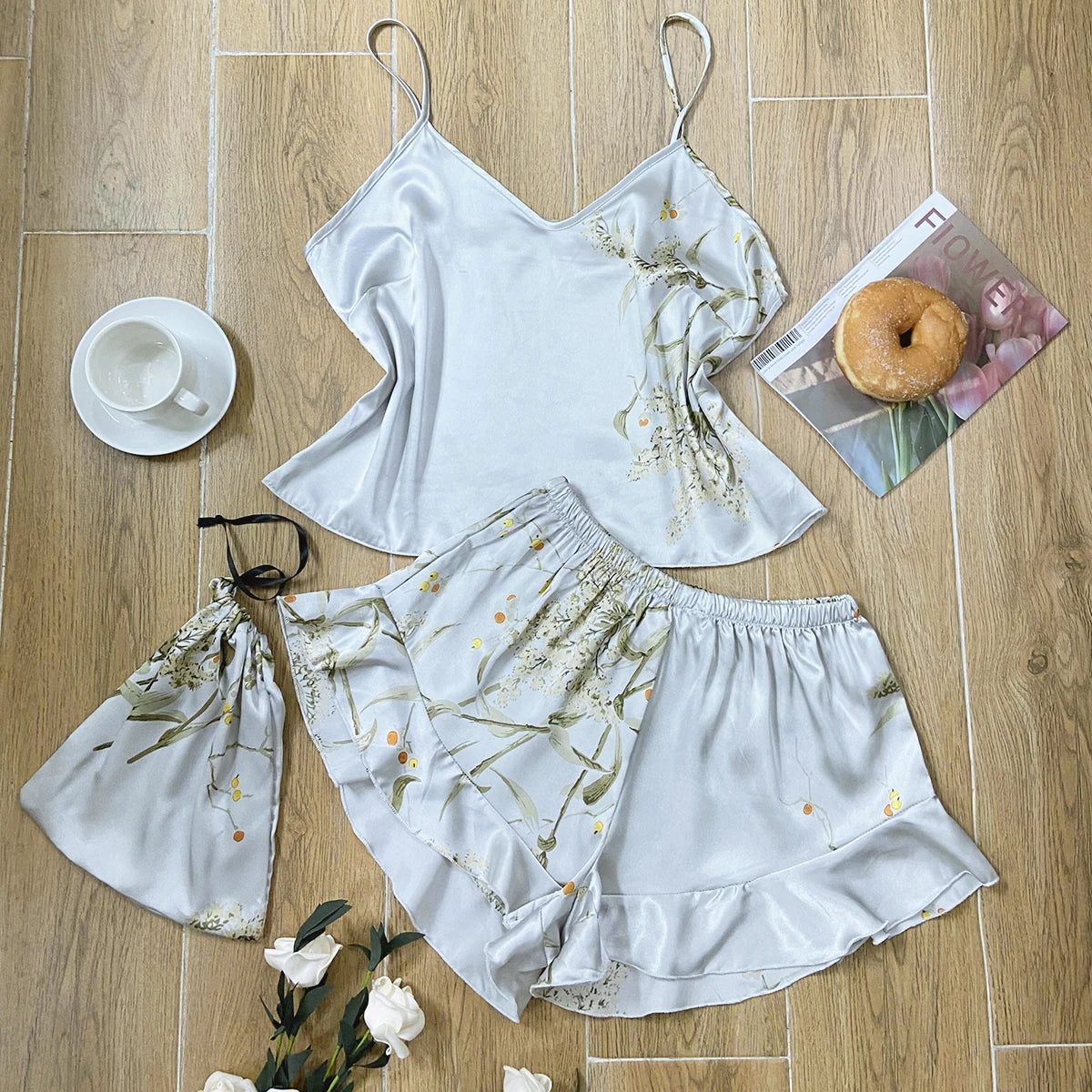 Elegant Floral Print Cami Tops   Ruffle Hem Shorts Pajama Set  Women's Sleepwear