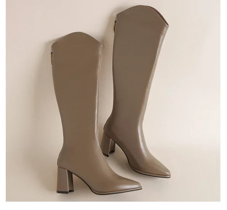 Zipper Thick High Heels Simple Thick High Heels Autumn Winter Boots Knee High