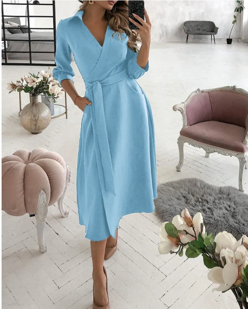 A-Line Wrap Summer Dress Long Sleeve V-Neck Dress Pocket Elegant Midi Party Dress