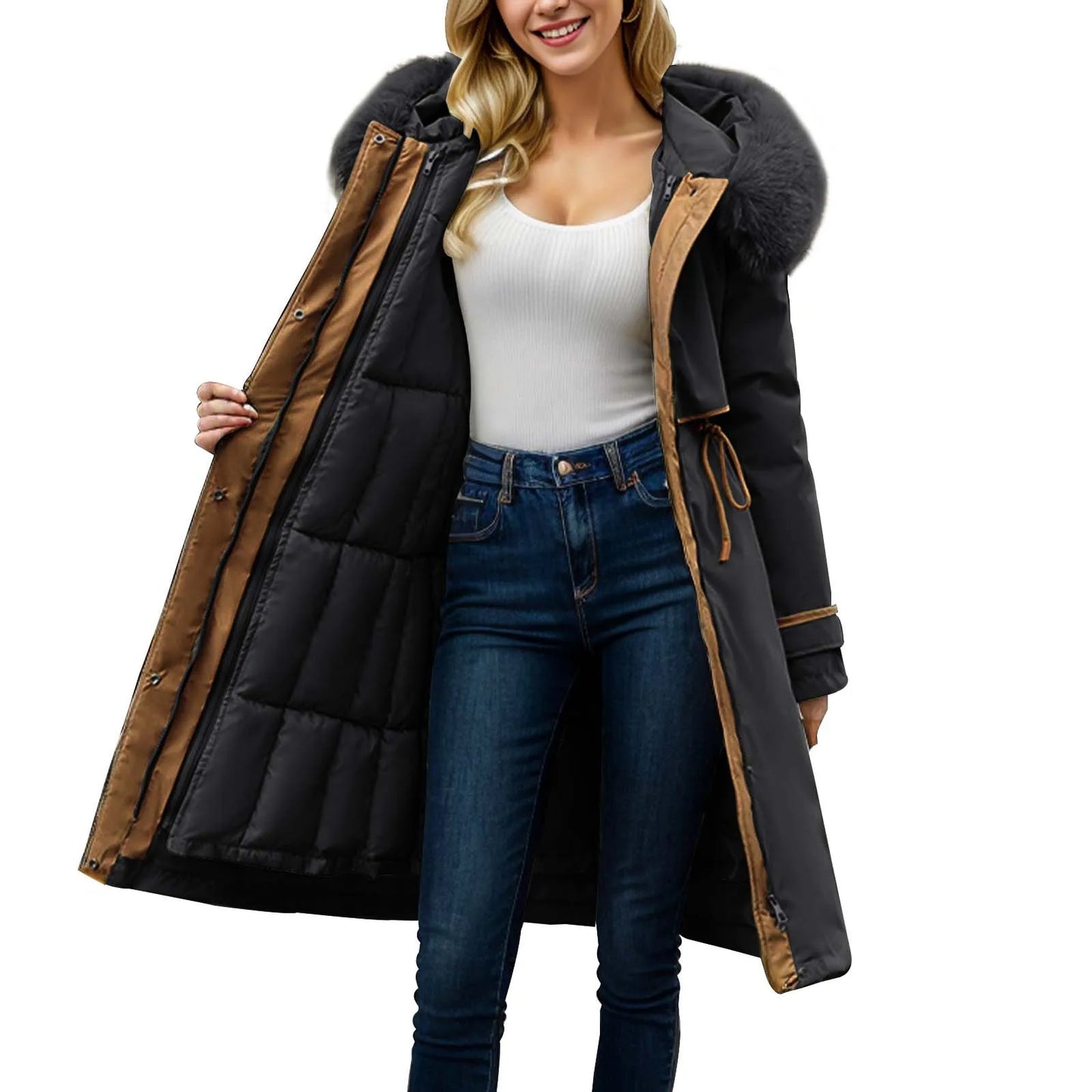 Women'S Winter Coat Parkas Detachable Patchwork Cotton Winter Long Hooded Thickened Cotton Coat