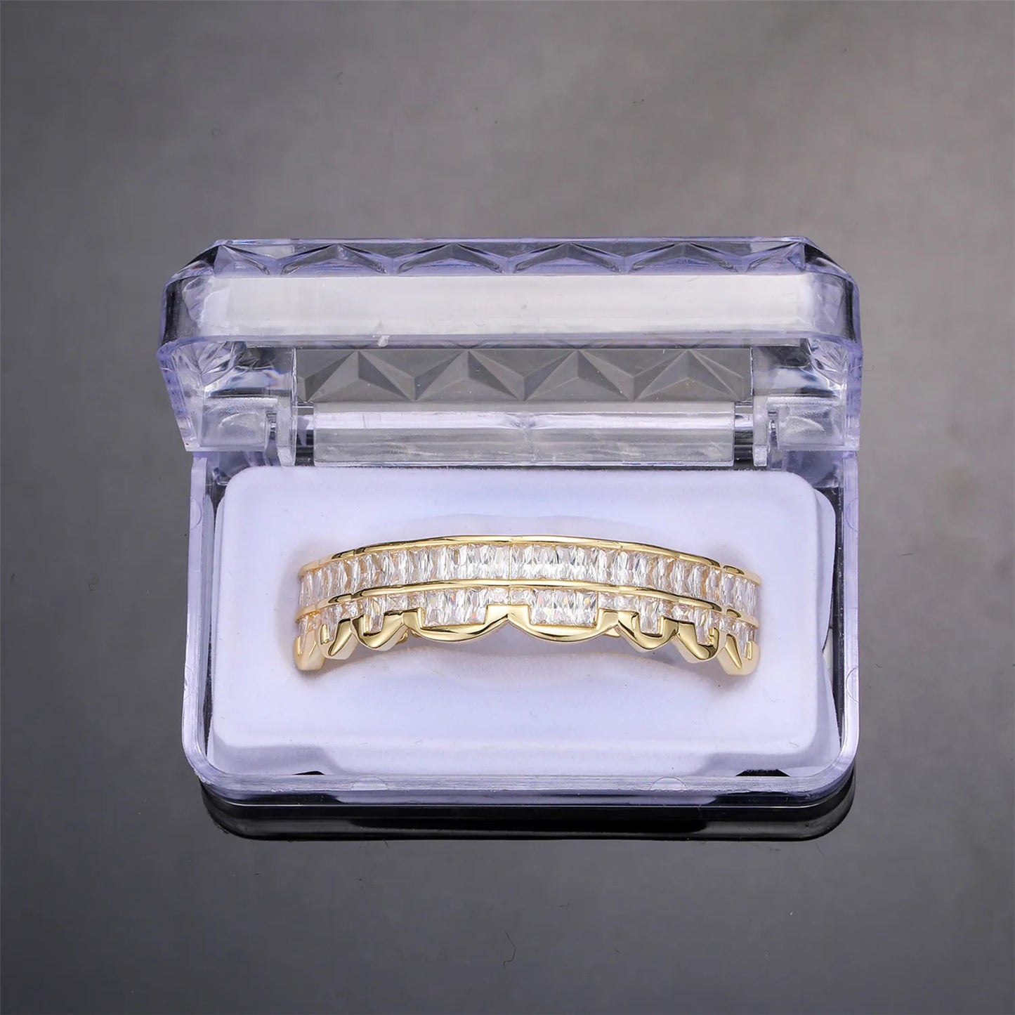 Baguette Teeth Grillz Set For Unisex Top Bottom Iced Out Cubic Zircon Stone Brass Material Hip Hop