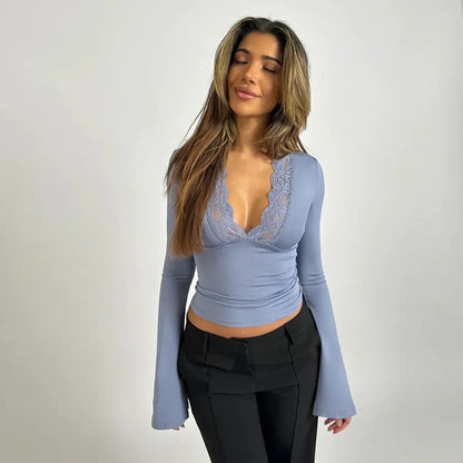 Lace Patchwork Tee Women Flare Sleeve Slim V-neck Tank Top Lady Streetwear Crop Top Shirt