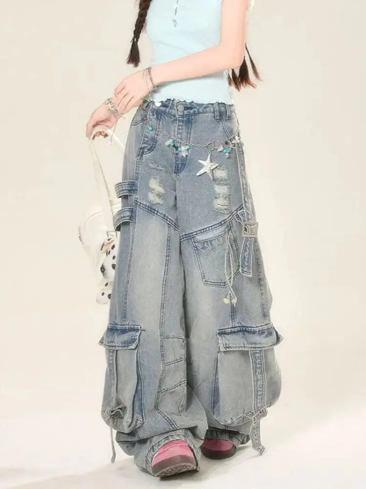 Women's Blue Star Embroidered Jeans Baggy Y2K High Street Harajuku Fashion High Waist Wide Leg Retro Jeans Pants Clothing 2025
